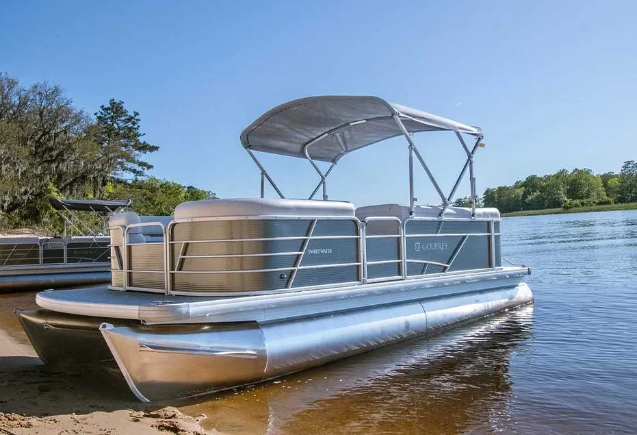 Pontoon boat anchored at Sandy Island on the Intracoastal Waterway near Myrtle Beach