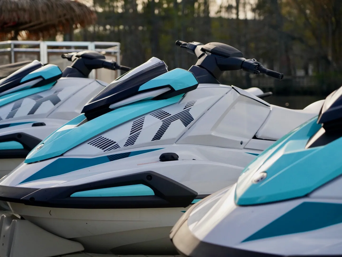 Close-up of the 2026 Yamaha VX WaveRunner showing the azure blue color scheme and VX badging