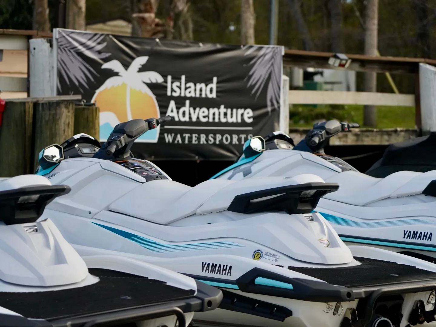 New 2026 Yamaha VX WaveRunners at Island Adventure Watersports with the IAW banner